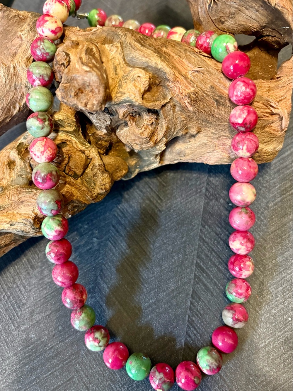 Watermelon Agate 10 mm Beaded Necklace in Sterling Silver, 170 ctw